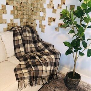 Vintage Pendleton Throw Wool Blanket Plaid With Fringes Brown 70" X 53"